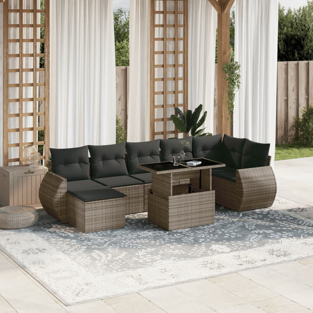 8-delige Loungeset met kussens poly rattan grijs