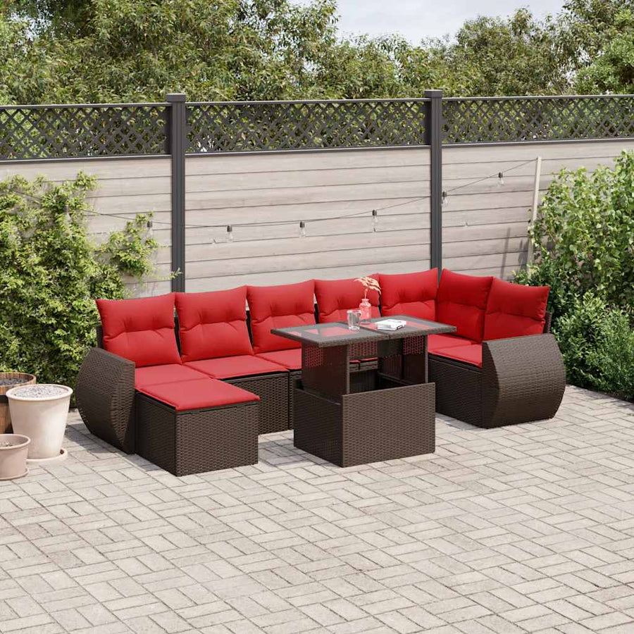 8-delige tuinbankset met kussens, bruin polyrotan