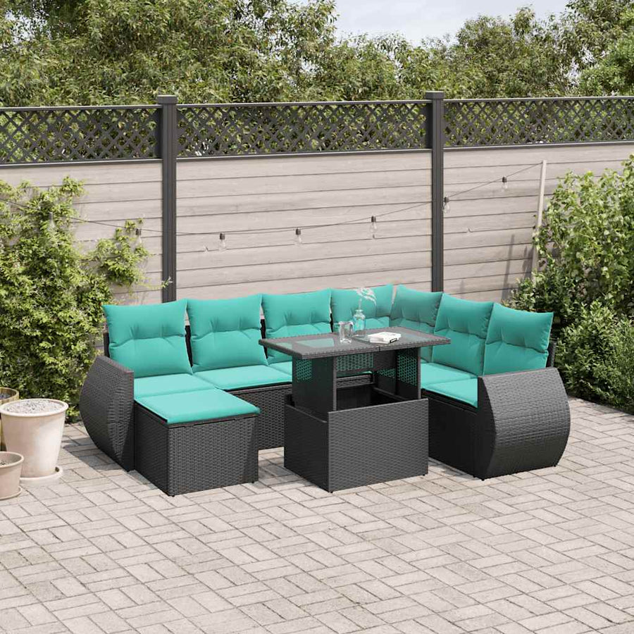 8-delige tuinbankset met kussens, zwart polyrotan
