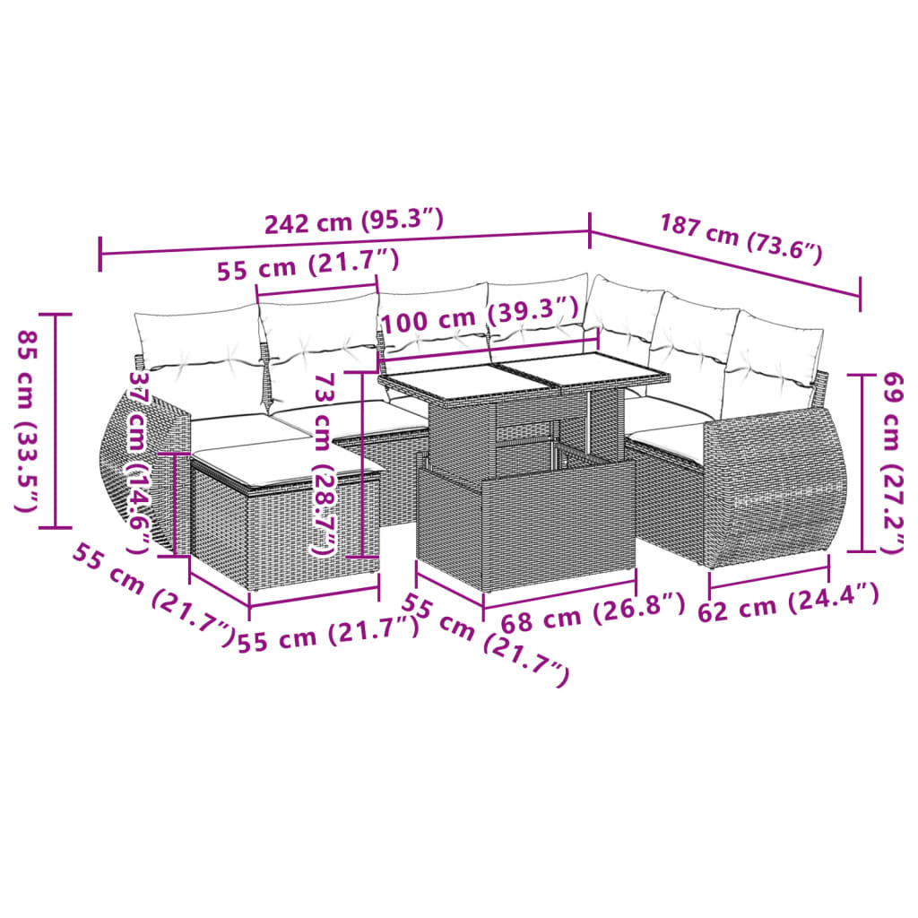 8-delige Loungeset met kussens poly rattan beige