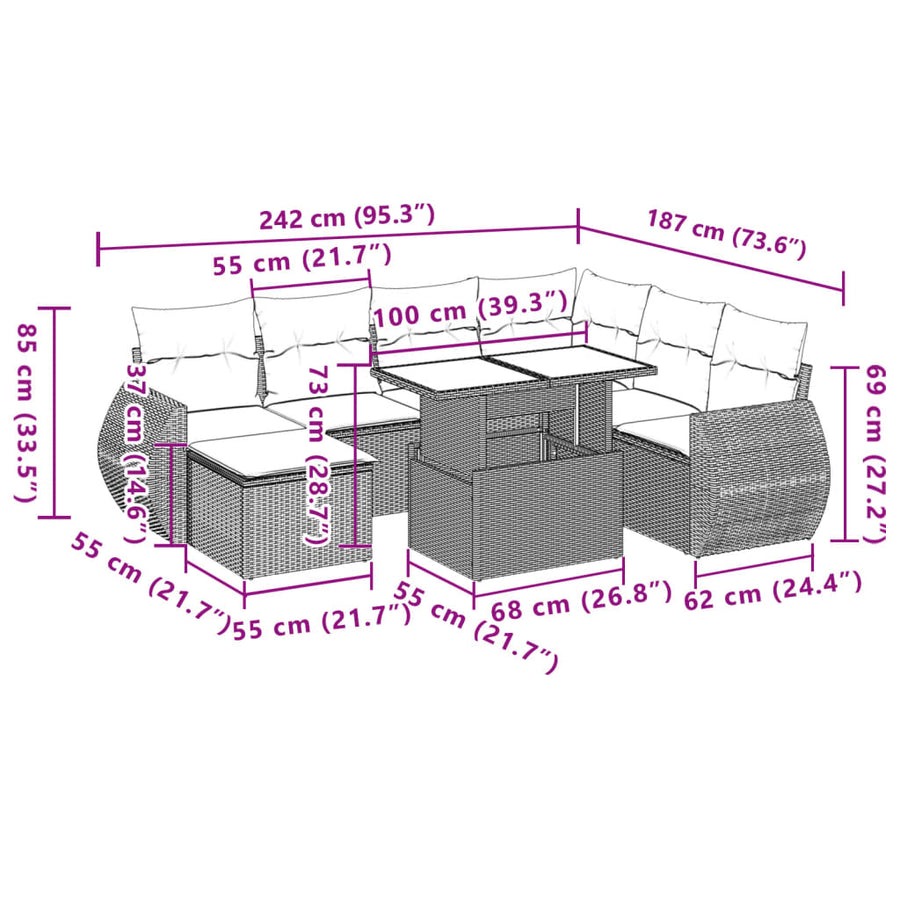 8-delige Loungeset met kussens poly rattan lichtgrijs