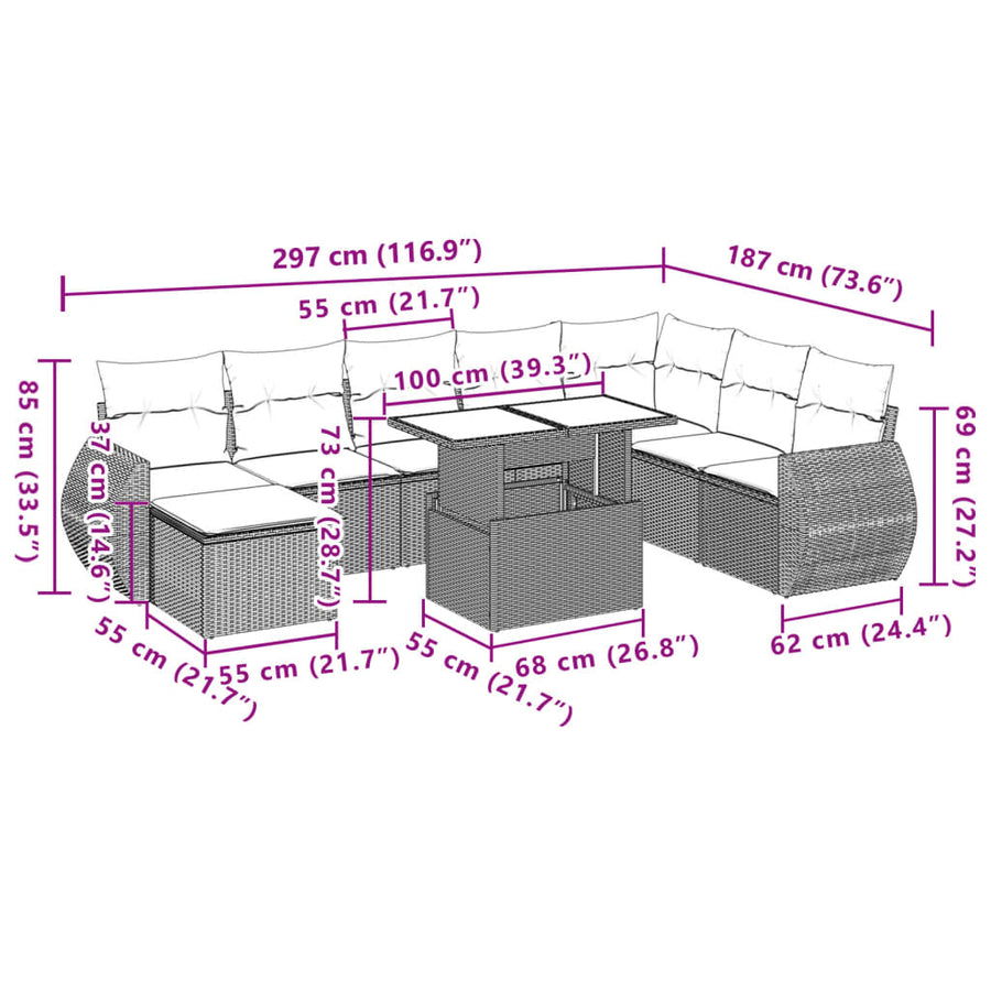 9-delige Loungeset met kussens poly rattan zwart