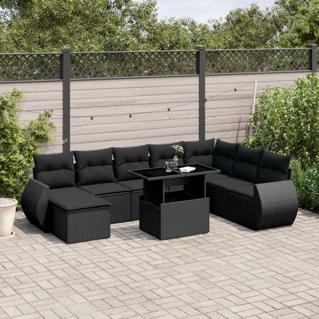 9-delige Loungeset met kussens poly rattan zwart