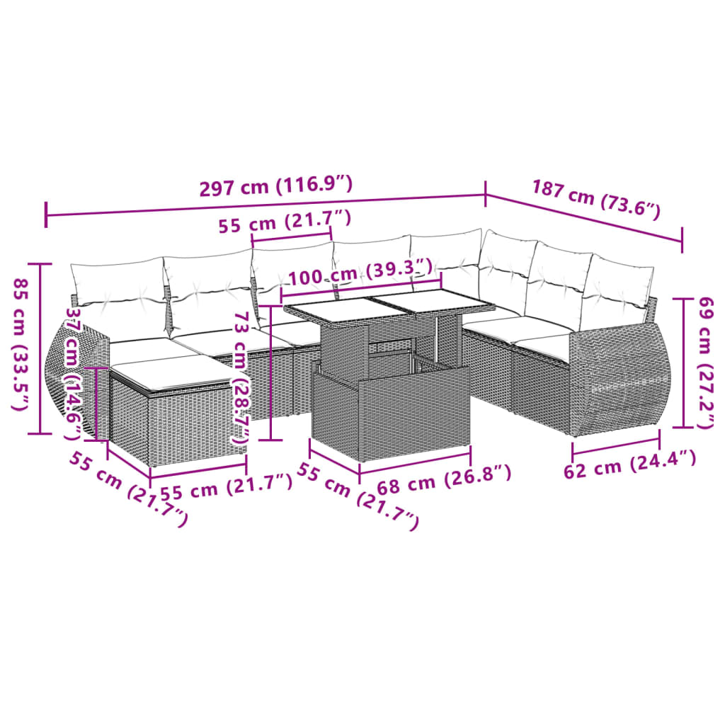 9-delige Loungeset met kussens poly rattan zwart