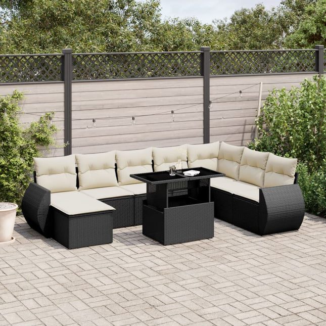 9-delige Loungeset met kussens poly rattan zwart