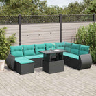 9-piece garden sofa set with cushions in black poly rattan