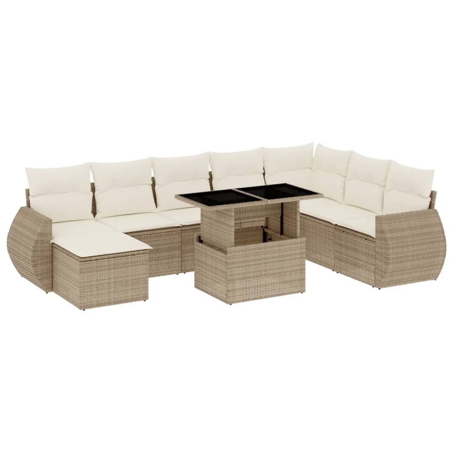 9-delige Loungeset met kussens poly rattan beige