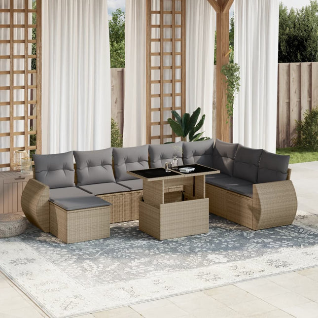 9-delige Loungeset met kussens poly rattan beige