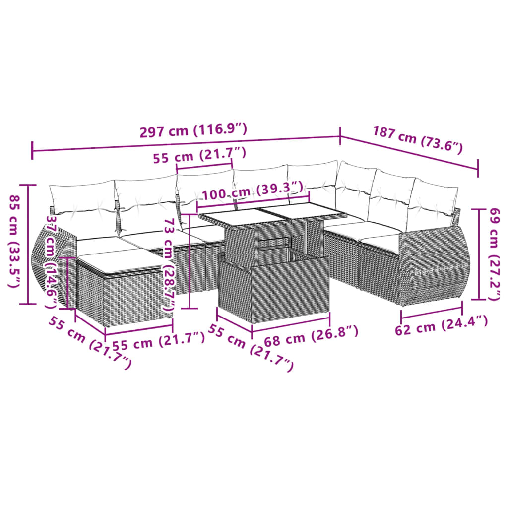 9-delige Loungeset met kussens poly rattan grijs
