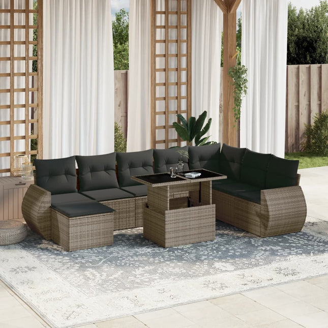 9-delige Loungeset met kussens poly rattan grijs