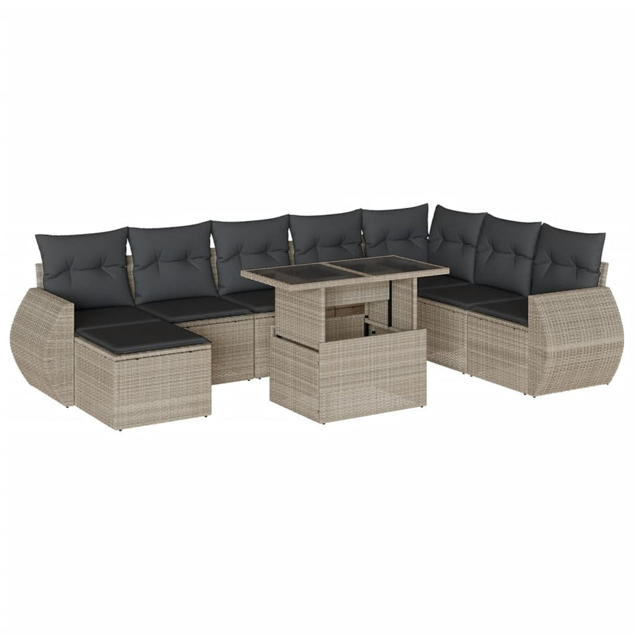 9-delige Loungeset met kussens poly rattan lichtgrijs