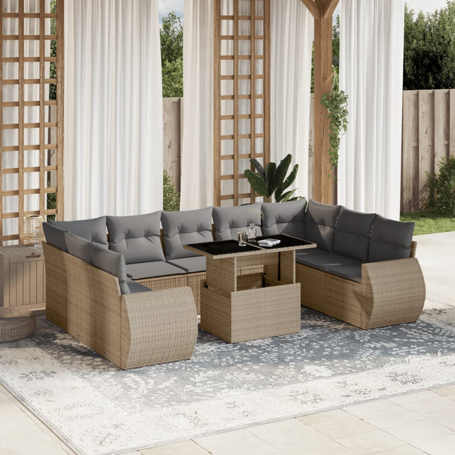 10-delige Loungeset met kussens poly rattan beige