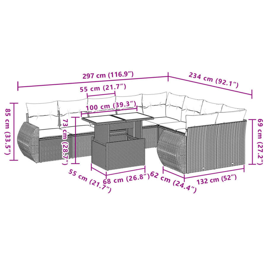 10-delige Loungeset met kussens poly rattan zwart