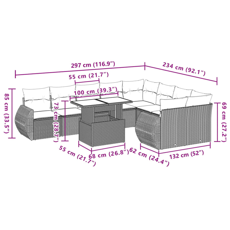10-delige Loungeset met kussens poly rattan zwart