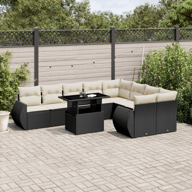 10-delige Loungeset met kussens poly rattan zwart