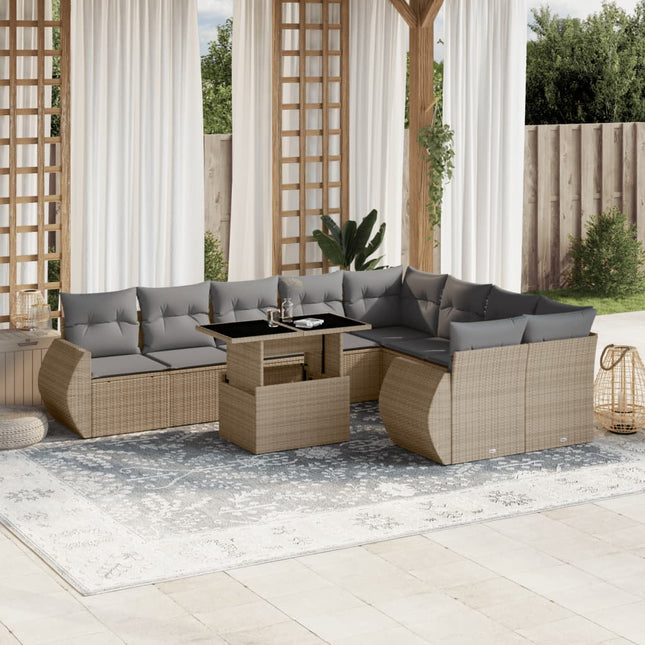 10-delige Loungeset met kussens poly rattan beige