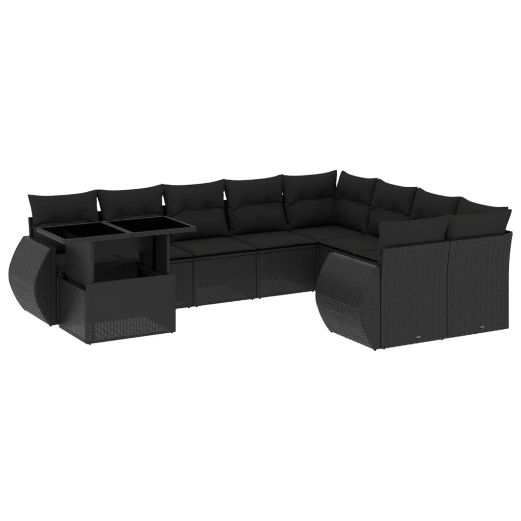 10-delige Loungeset met kussens poly rattan zwart