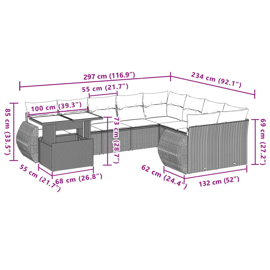 10-delige Loungeset met kussens poly rattan zwart