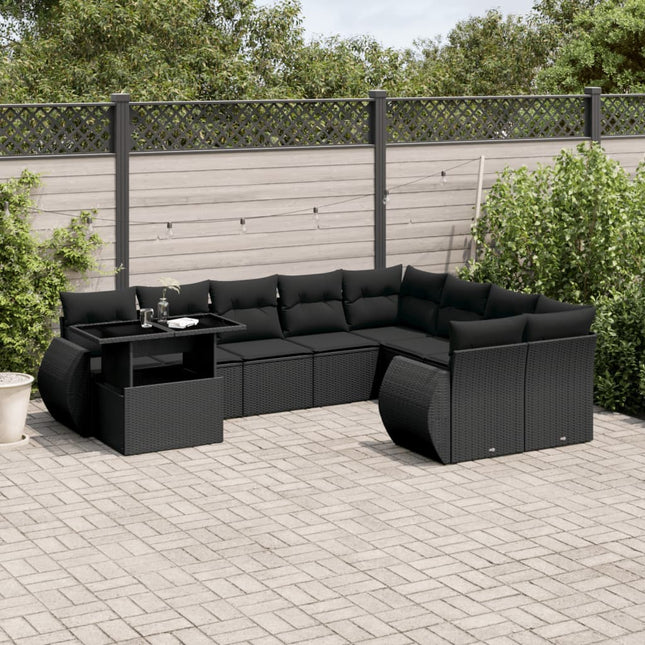 10-delige Loungeset met kussens poly rattan zwart