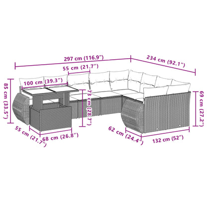 10-delige Loungeset met kussens poly rattan zwart