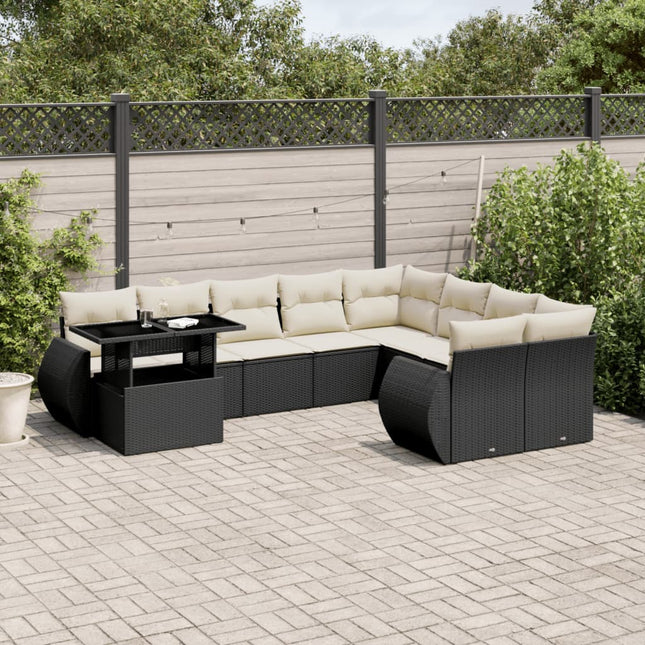 10-delige Loungeset met kussens poly rattan zwart