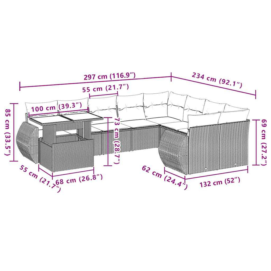 10-delige tuinbankset met kussens, grijs polyrotan