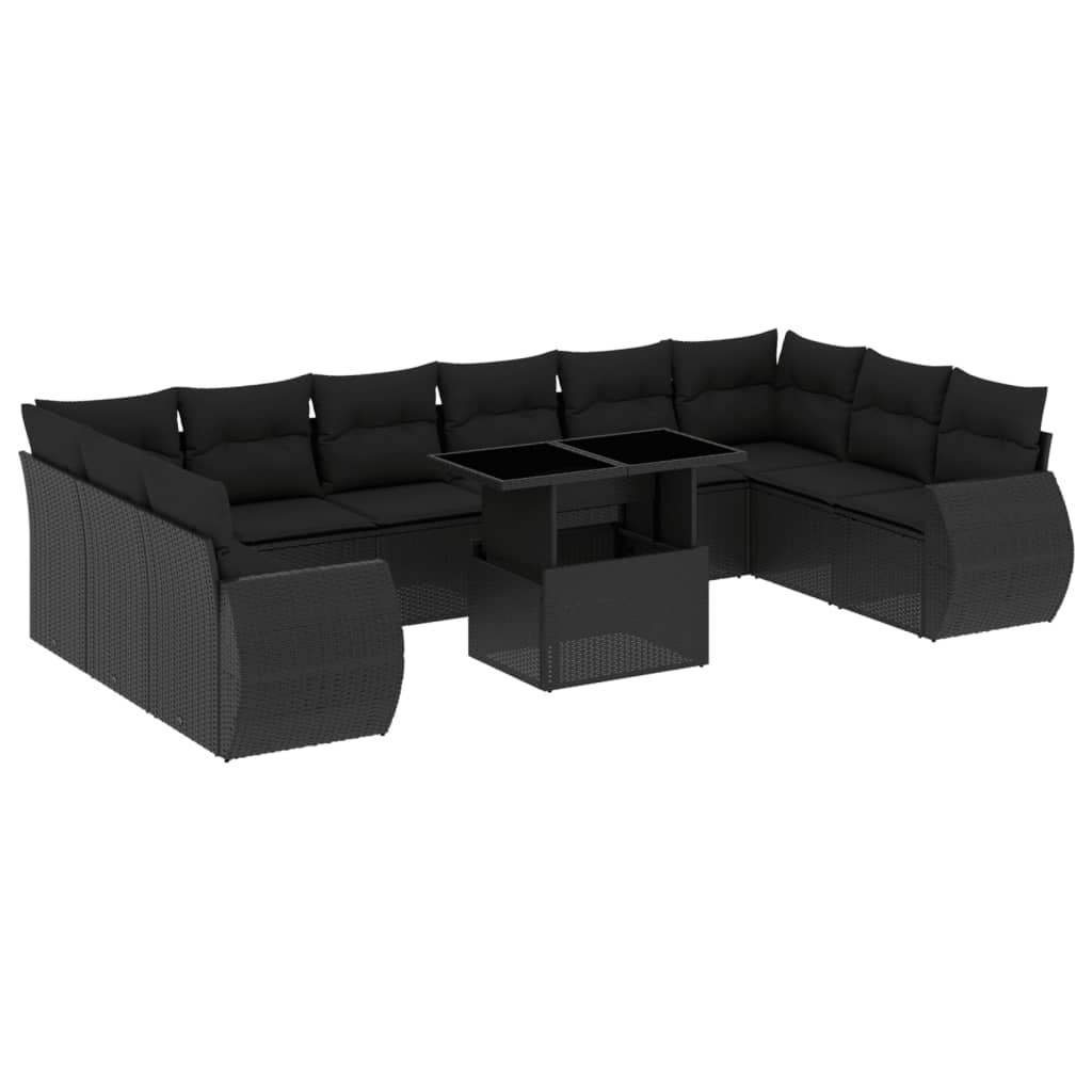 11-delige Loungeset met kussens poly rattan zwart