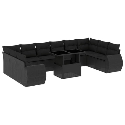 11-delige Loungeset met kussens poly rattan zwart