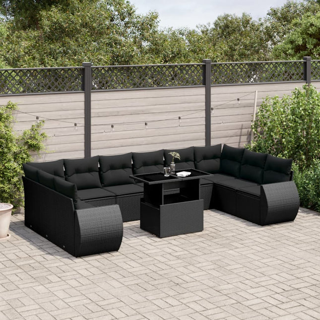 11-delige Loungeset met kussens poly rattan zwart