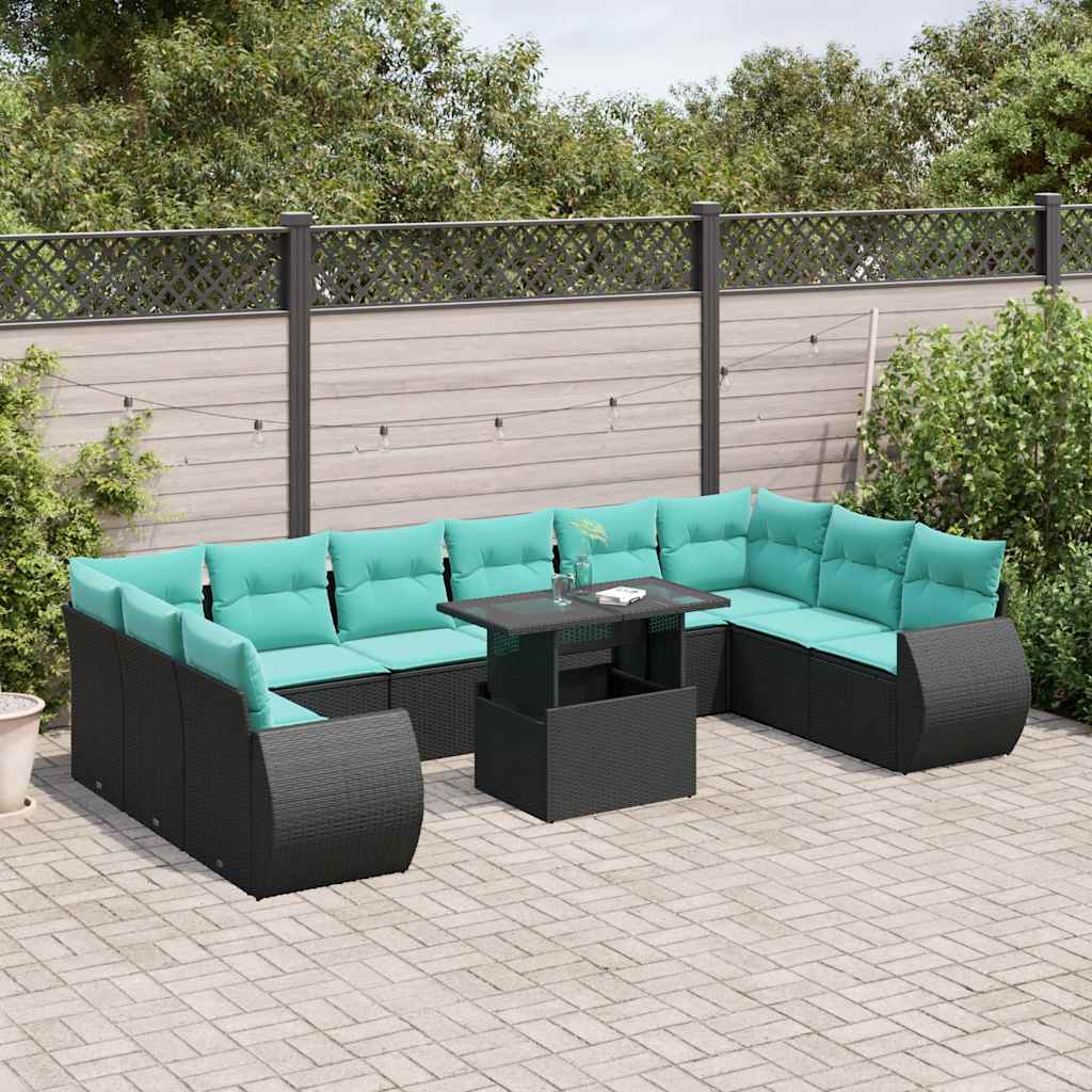 11-delige tuinbankset met kussens, zwart polyrotan