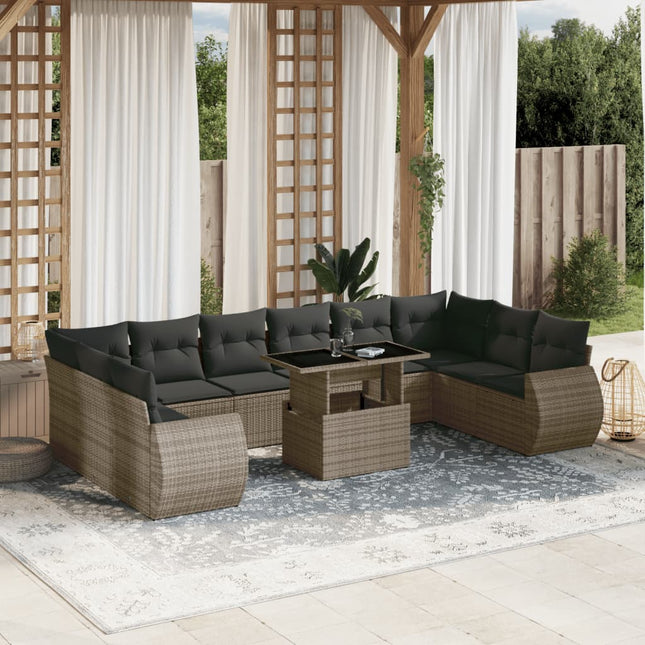 11-delige Loungeset met kussens poly rattan grijs