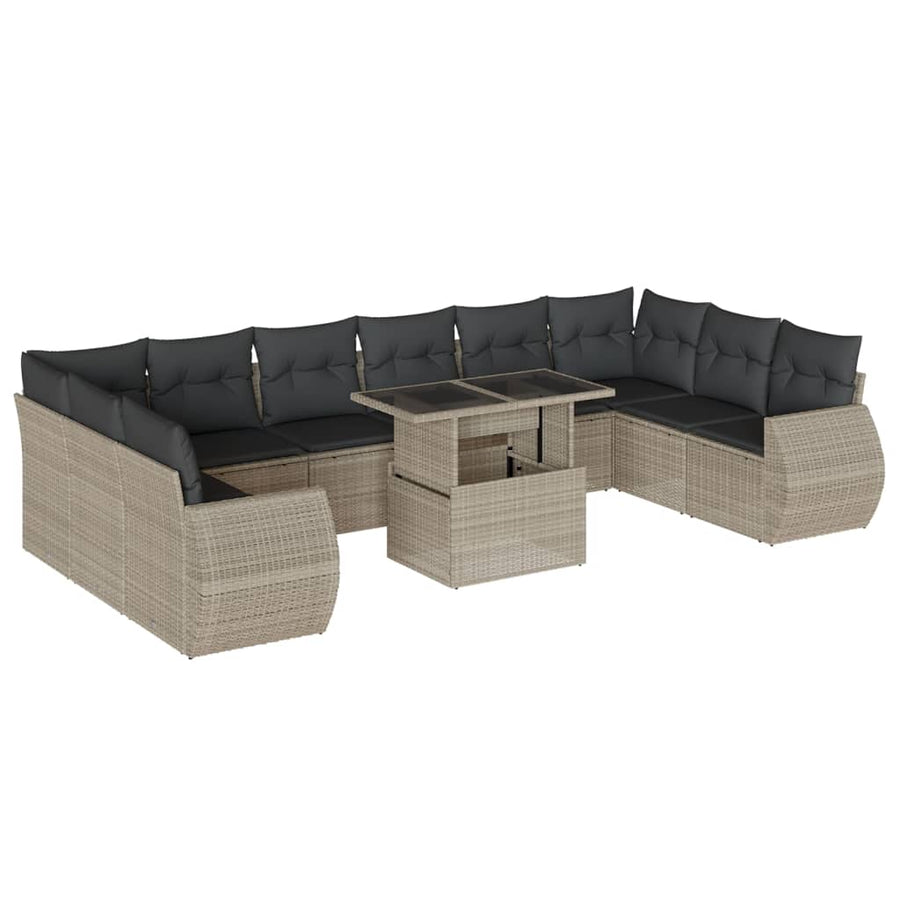 11-delige Loungeset met kussens poly rattan lichtgrijs