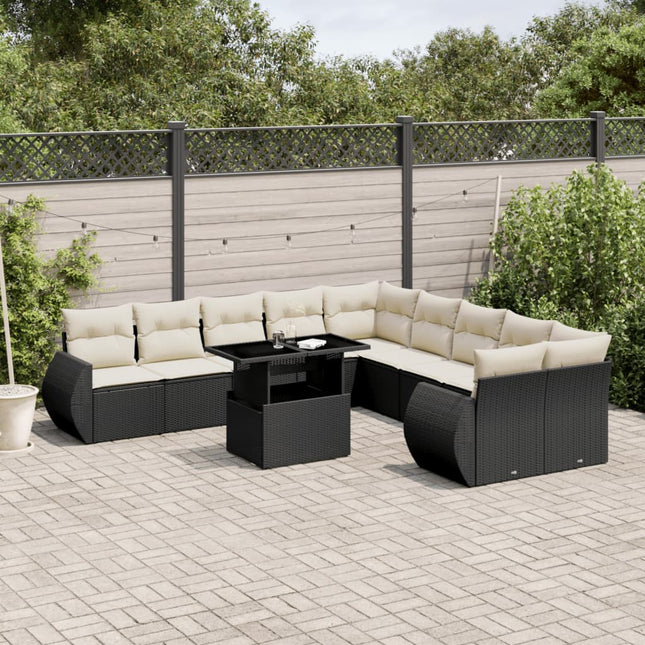 11-delige Loungeset met kussens poly rattan zwart