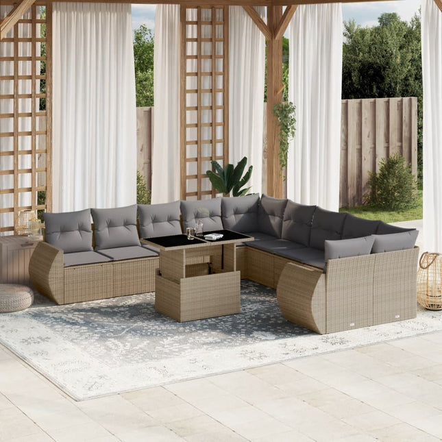 11-delige Tuinset met kussens poly rattan beige