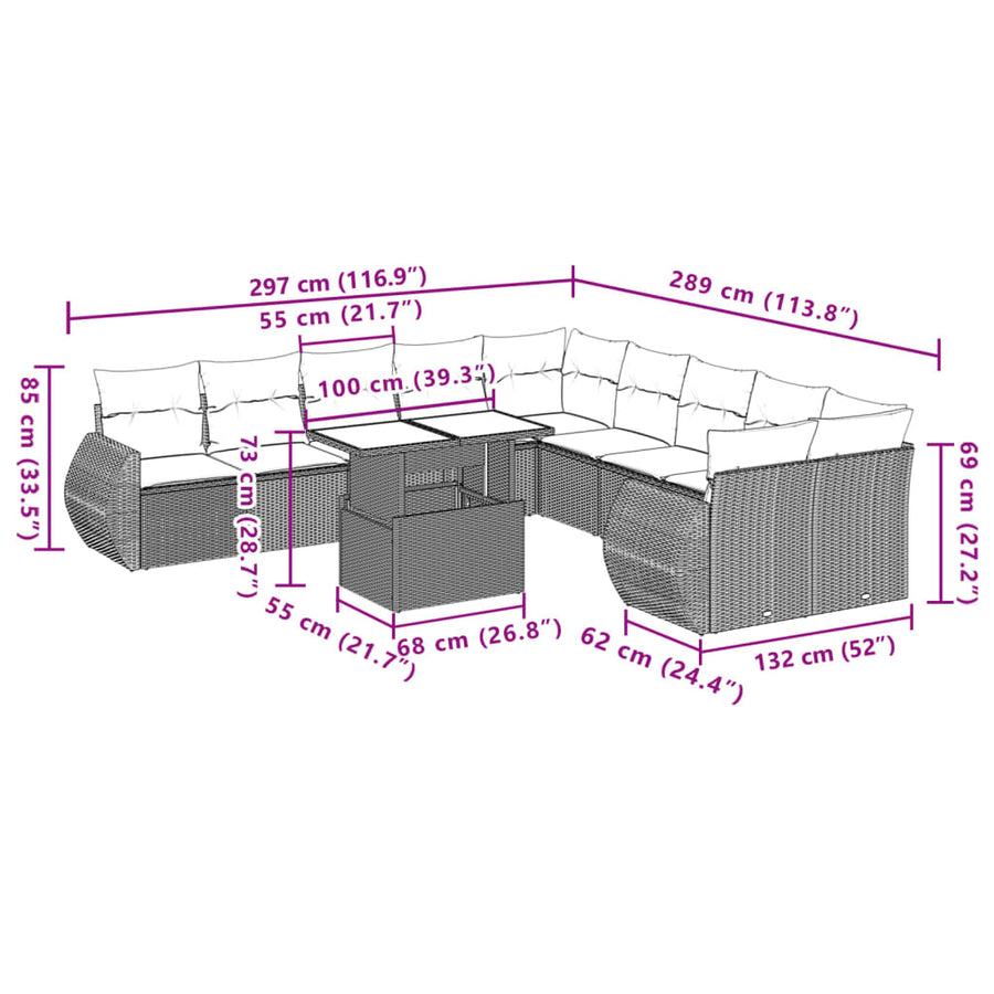 11-delige Loungeset met kussens poly rattan lichtgrijs
