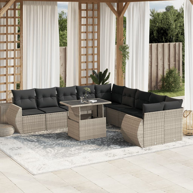 11-delige Loungeset met kussens poly rattan lichtgrijs