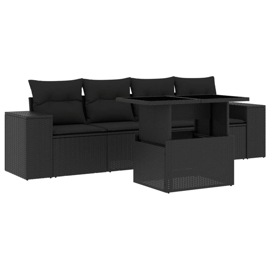 5-delige Loungeset met kussens poly rattan zwart
