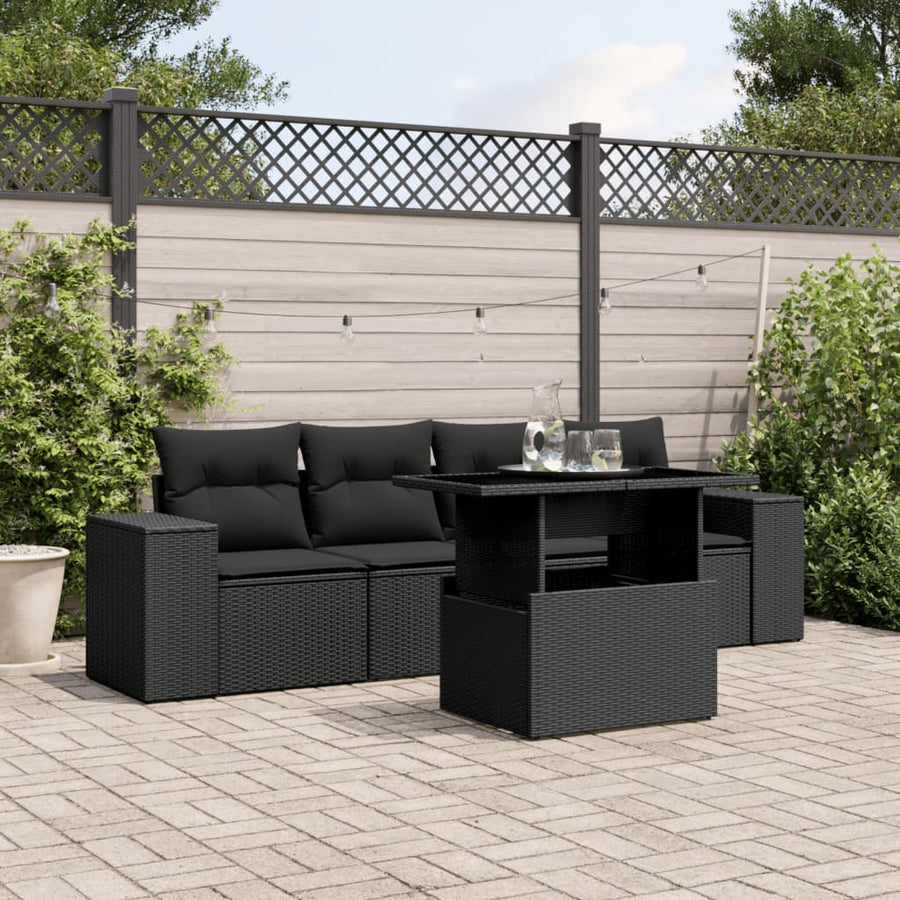 5-delige Loungeset met kussens poly rattan zwart