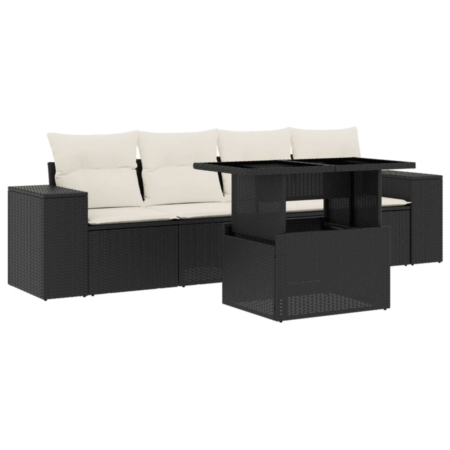 5-delige Loungeset met kussens poly rattan zwart