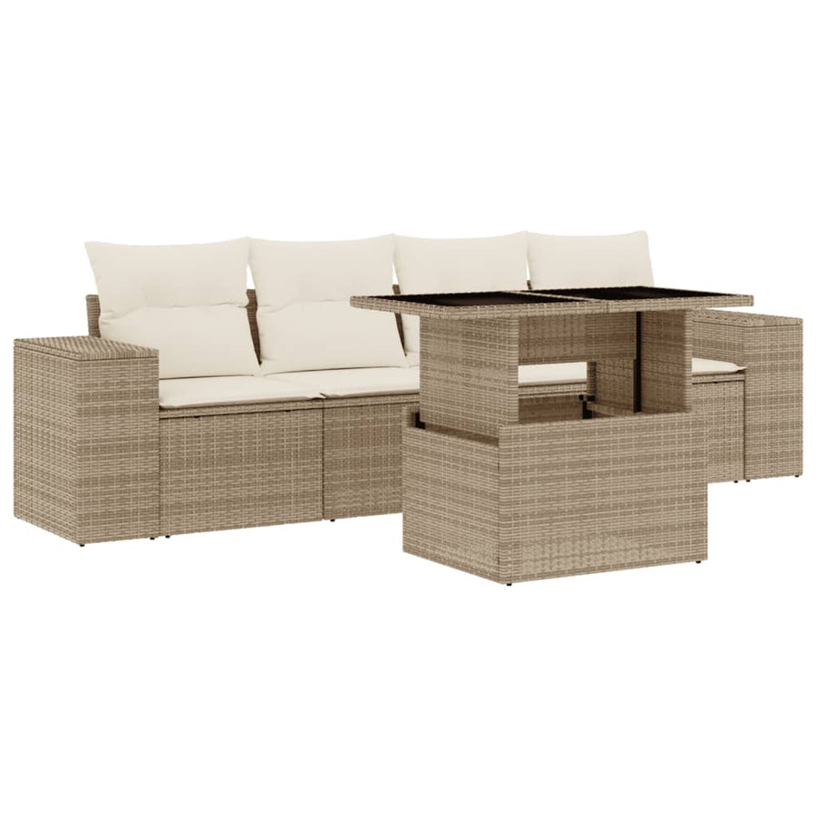 5-delige Loungeset met kussens poly rattan beige