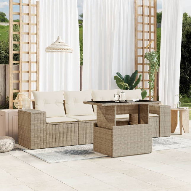 5-delige Loungeset met kussens poly rattan beige