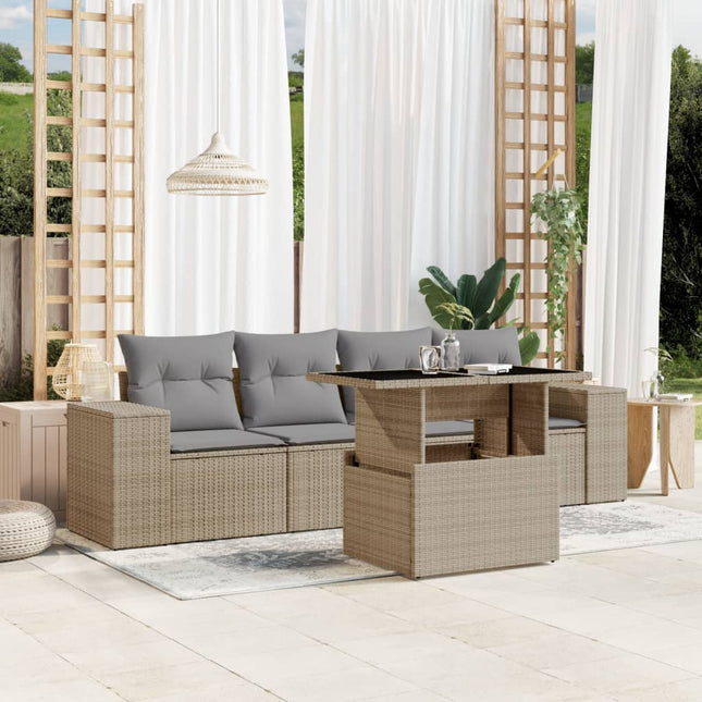 5-delige Loungeset met kussens poly rattan beige