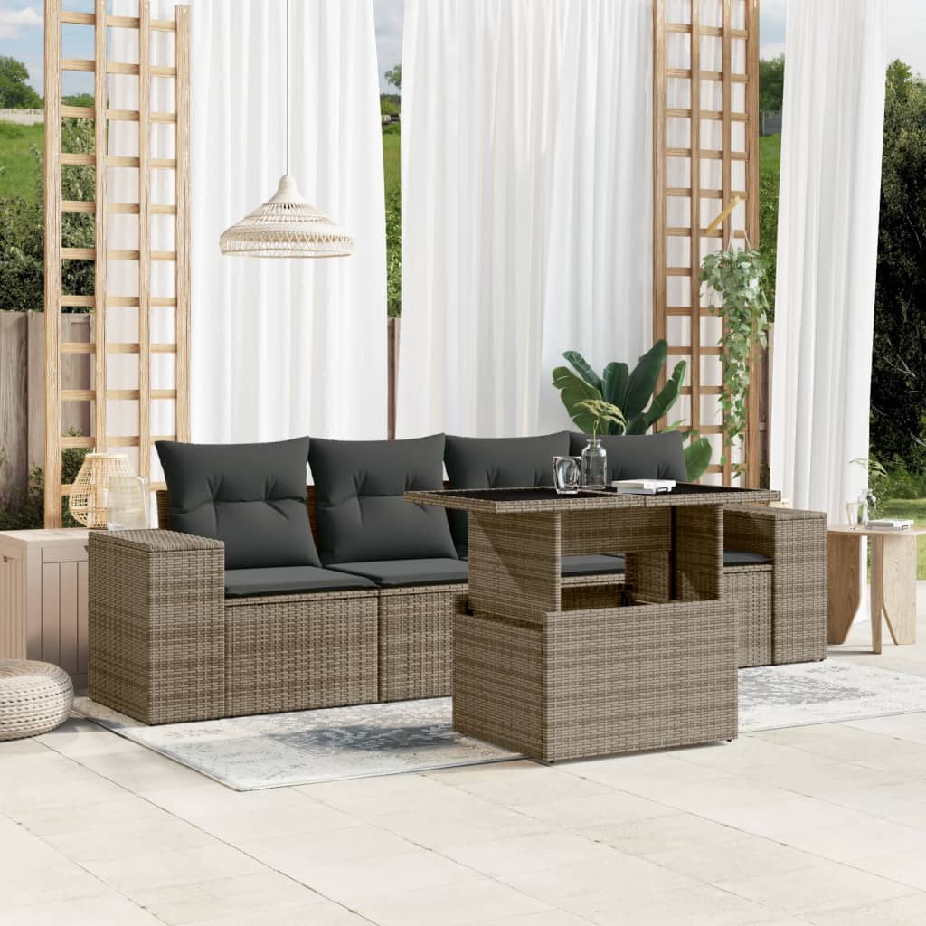 5-delige Loungeset met kussens poly rattan grijs