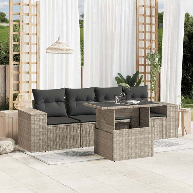 5-delige Loungeset met kussens poly rattan lichtgrijs