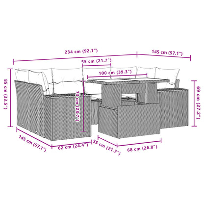 7-delige Loungeset met kussens poly rattan zwart