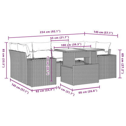 7-delige Loungeset met kussens poly rattan zwart