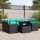 7-piece garden sofa set with cushions in black poly rattan