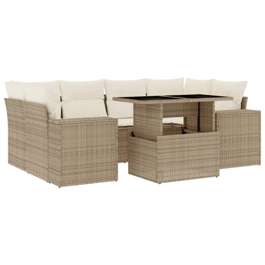 7-delige Loungeset met kussens poly rattan beige