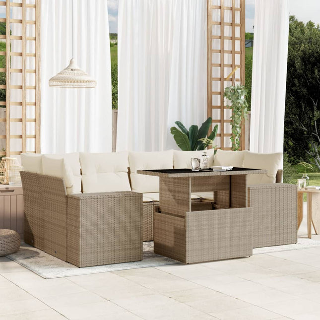 7-delige Loungeset met kussens poly rattan beige