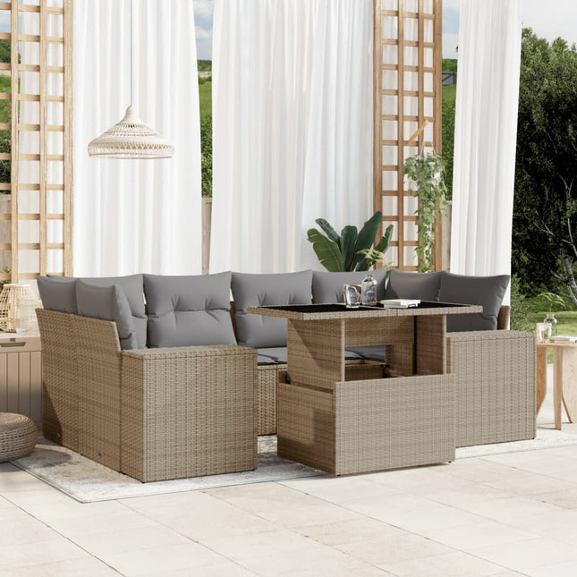 7-delige Loungeset met kussens poly rattan beige